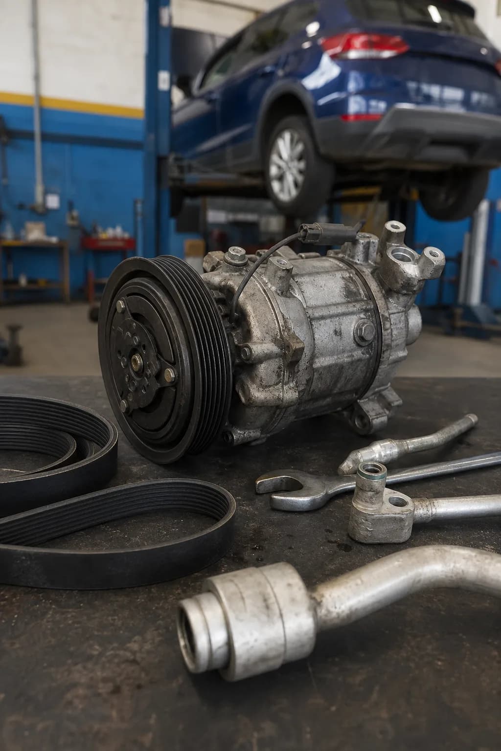 Técnico de Ramón Auto Aire trabajando en el sistema de A/C de un vehículo