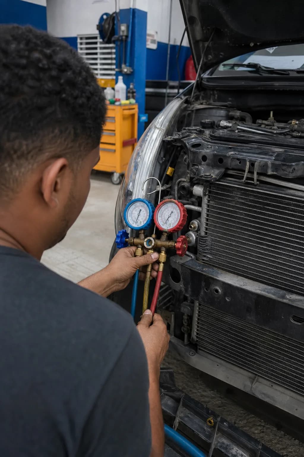 Técnico de Ramón Auto Aire diagnosticando el A/C de un vehículo